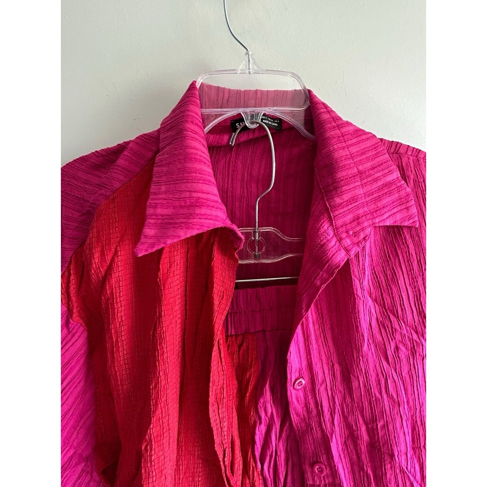 Women's 2 Pc Crinkle Texture Wide Leg Pants Shirt Oversized Color Block - Picture 5 of 8